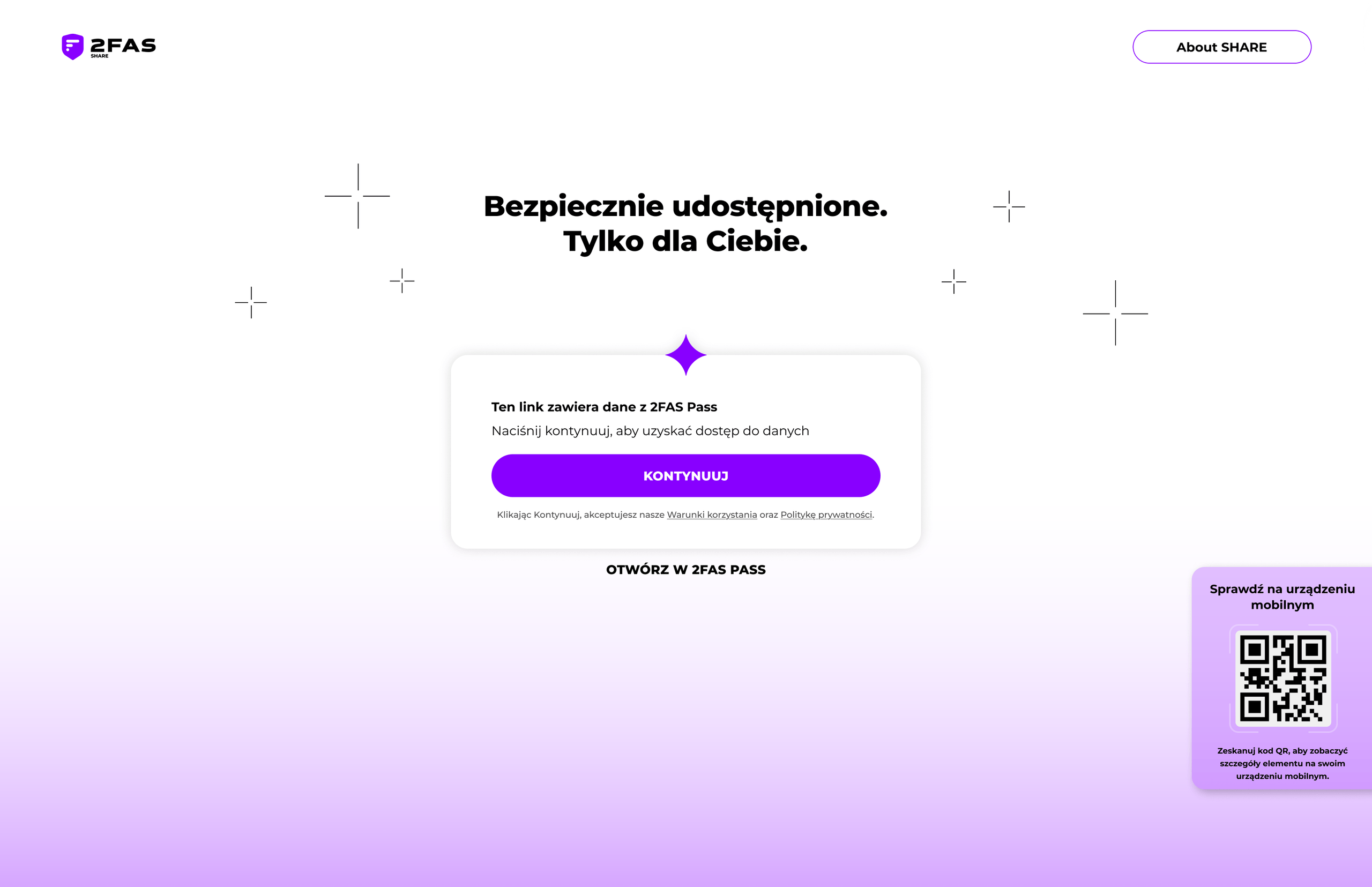 Widok potwierdzenia 2FAS Share w przeglądarce