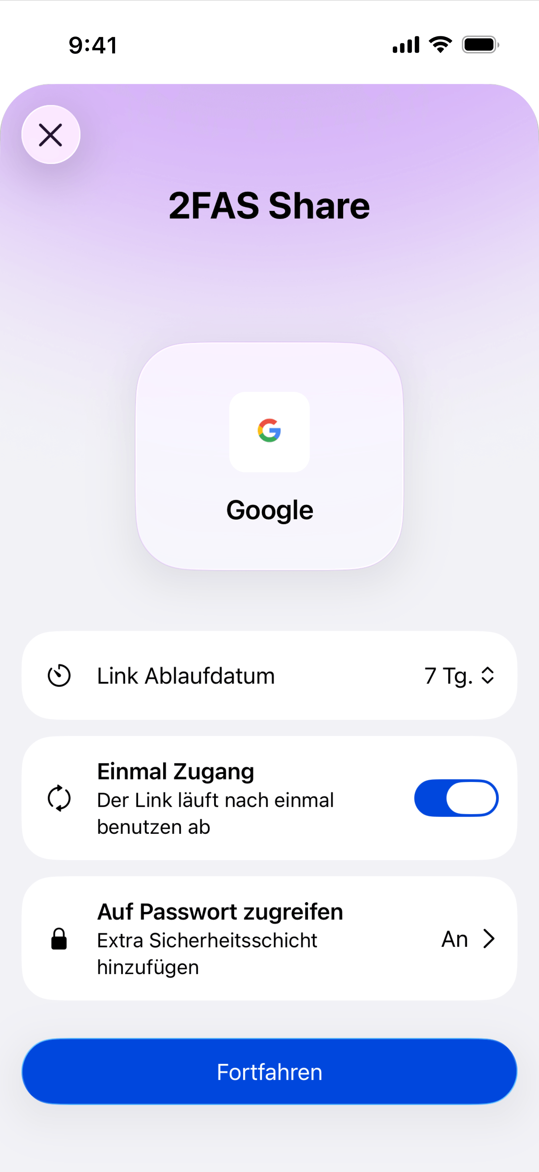 Konfiguration eines 2FAS-Share-Eintrags auf dem iPhone