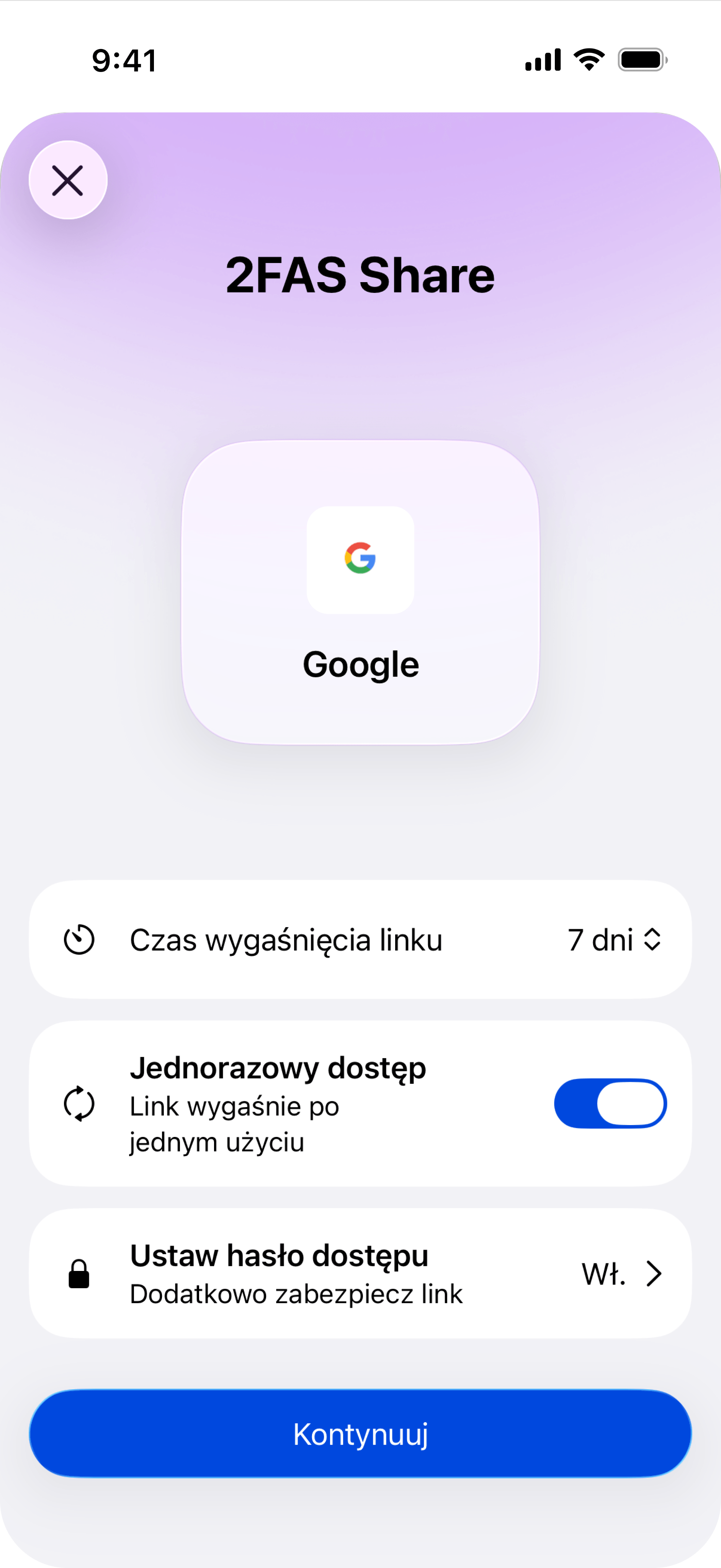 Konfiguracja elementu 2FAS Share na iPhone