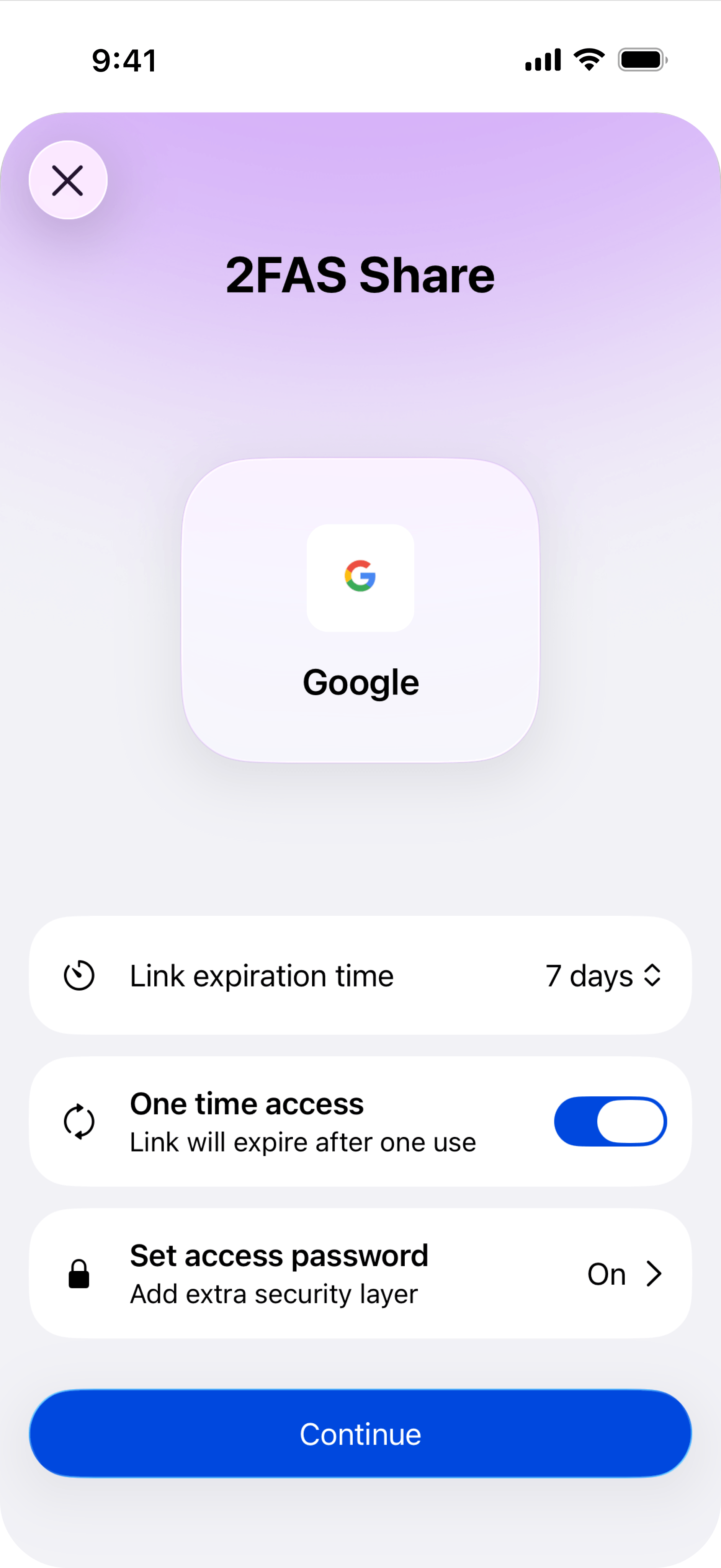2FAS Share item configuration on iPhone