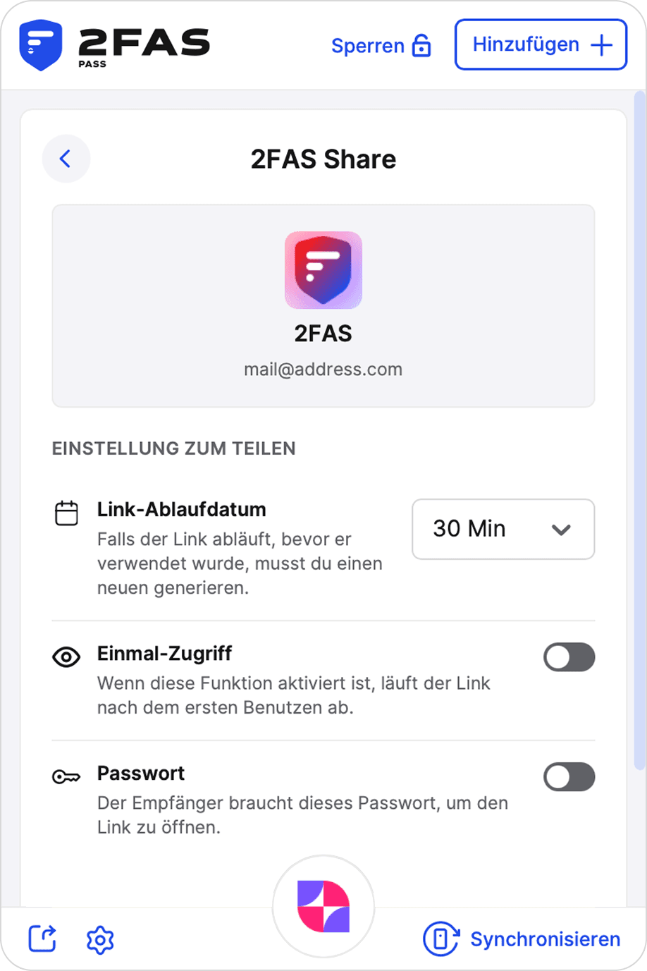 2FAS Share in der 2FAS Pass Browser-Erweiterung