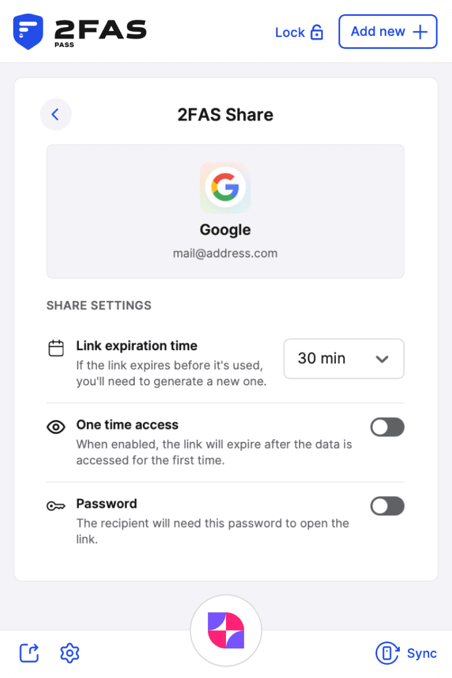 2FAS Share inside the 2FAS Pass browser extension